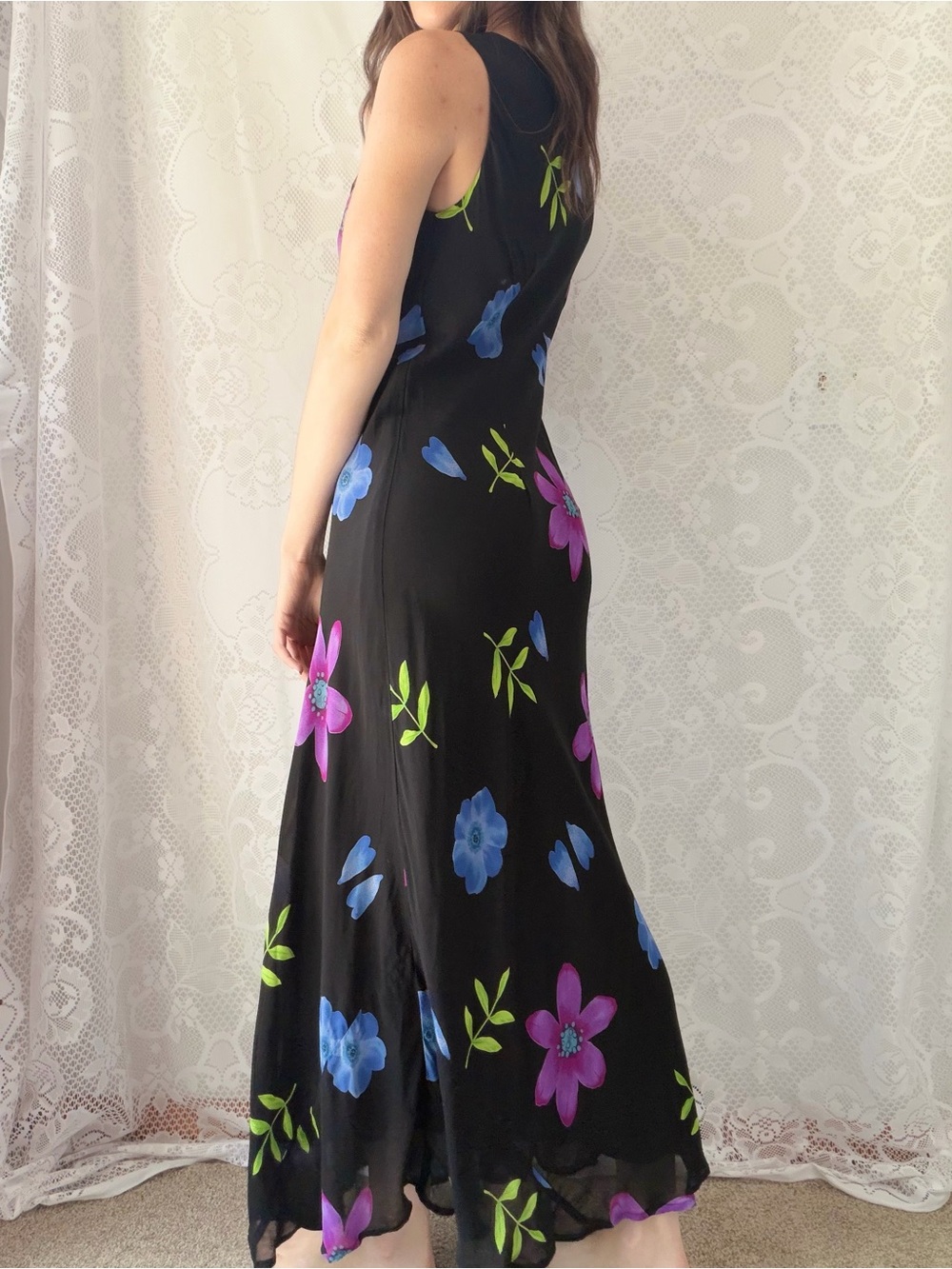 Vintage 1990s Caché Black Floral Rayon Maxi Dress Cowl Neck Sleeveless Medium - Picture 11 of 12